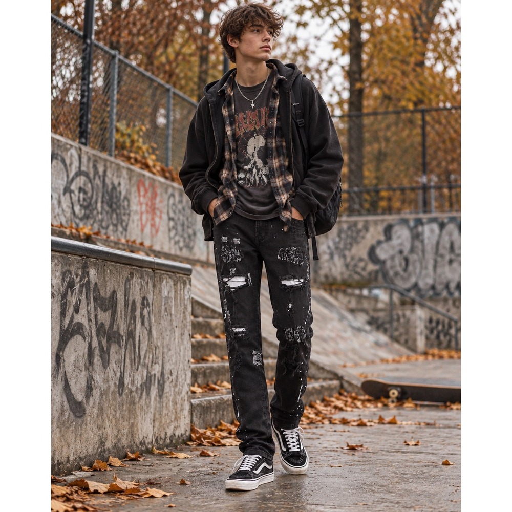 Boys 18 Black Distressed Paint Splatter Jeans Y2K Skater Grunge Streetwear